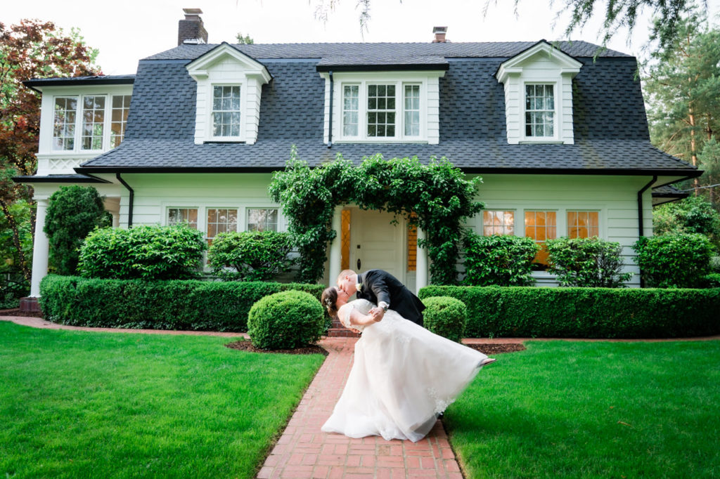 Gray Gables Estate Wedding Photos Bride and Groom with house