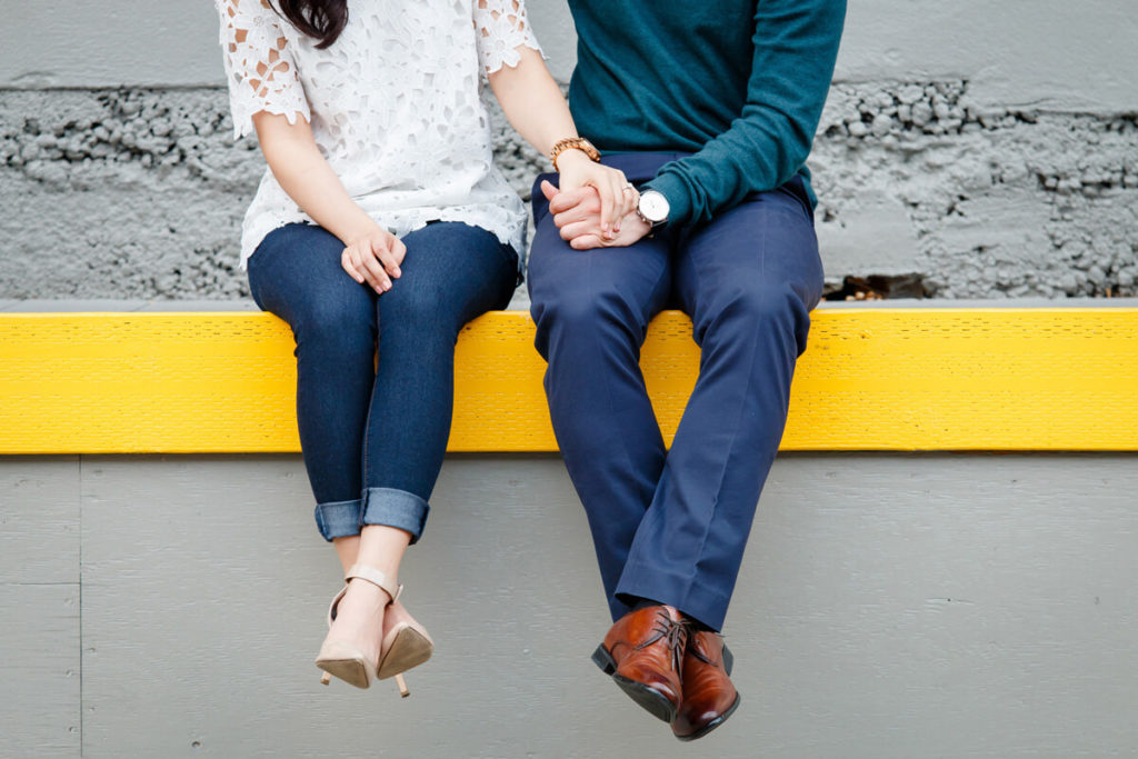 Portland Engagement Photo couple sitting legs and shoes