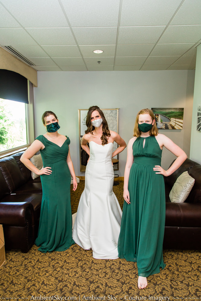COVID-19 wedding bride & bridesmaids with masks on