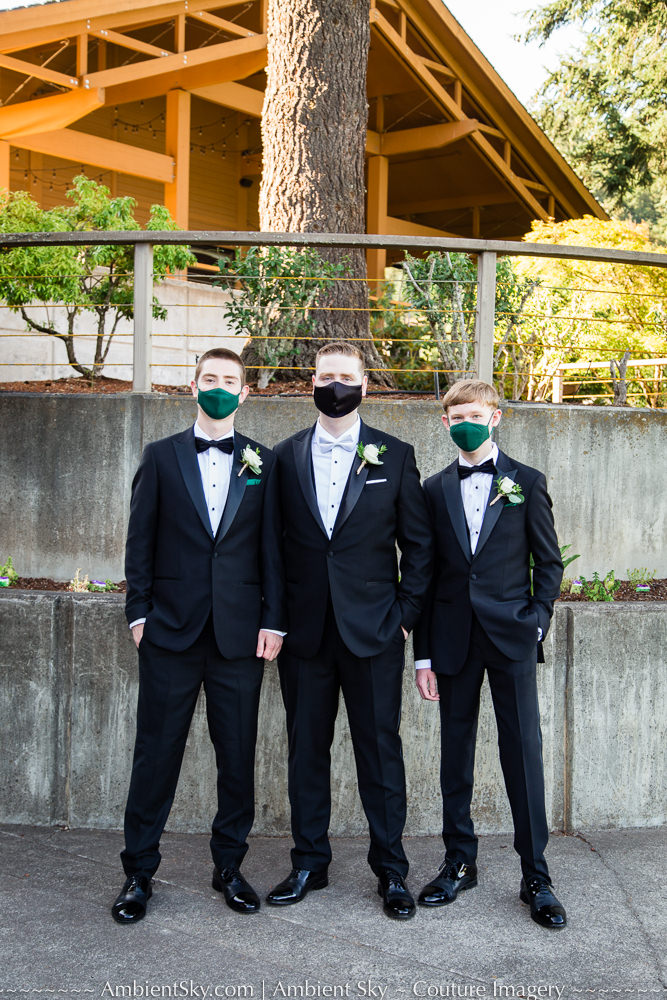 COVID-19 Wedding groomsmen wearing masks for safety